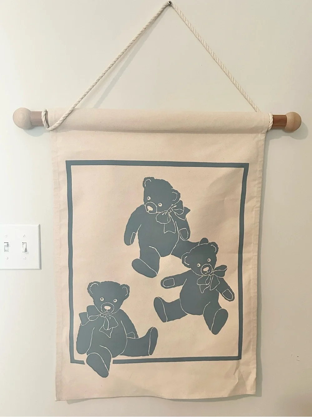 Vintage Canvas Teddy Bear Wall Hanging - Cream and Blue